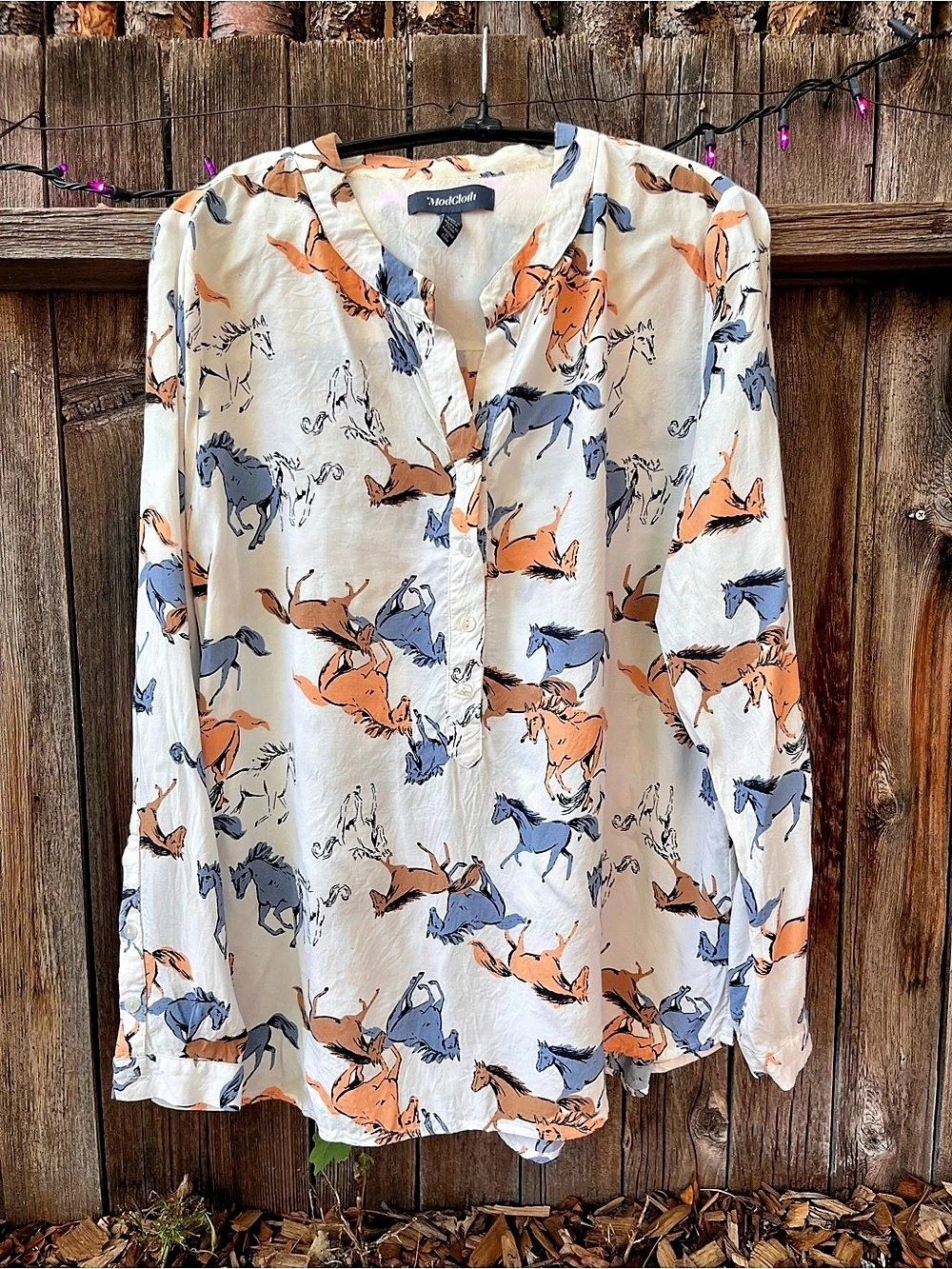 ModCloth Horse Print Blouse in White & Orange Size Medium